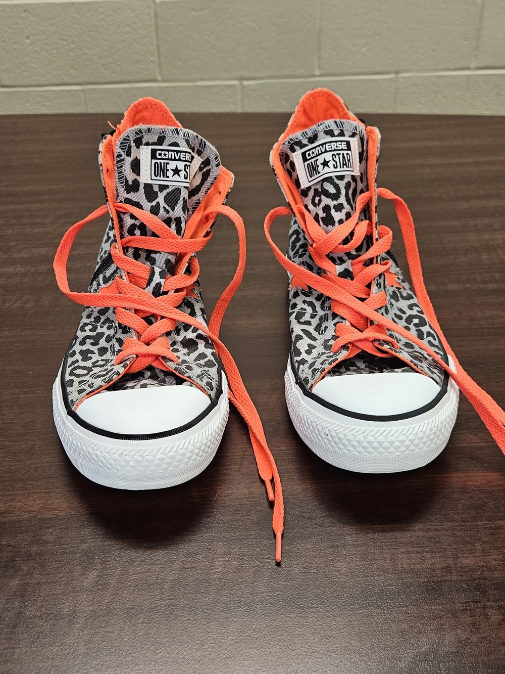 Converse One Star High Top Sneakers in Leopard Print with Neon Orange Accents